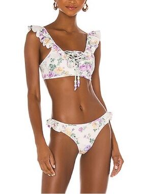 LoveShackFancy Cream Floral Bikini Top with Purple and Green Accents